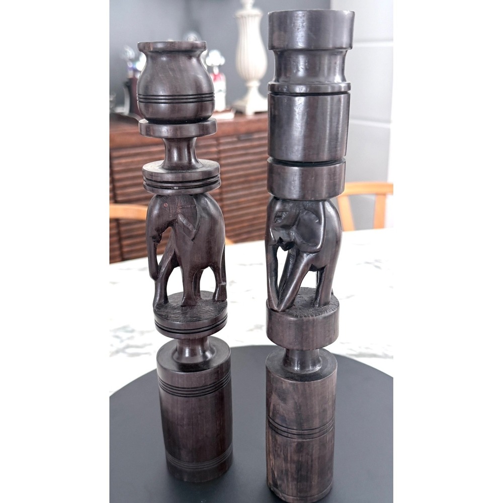 Wood Candlesticks with Elephant, Set of two